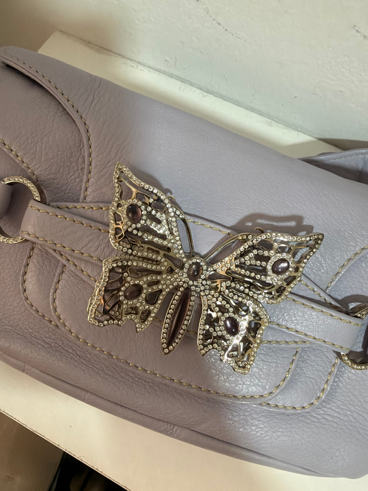 Authentic Vintage Valentino Garavani Spring/Summer 2004 Rhinestone Butterfly Lambskin Leather Shoulder Bag – Pastel Lilac