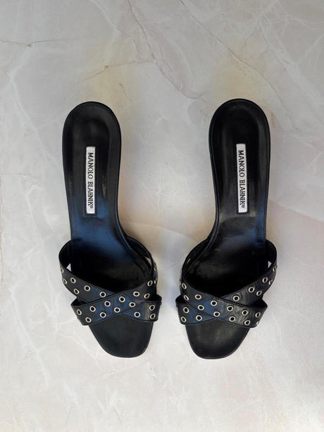 Manolo Blahnik EU 39.5 Black Leather Grommet Crossover Kitten Heel Mule