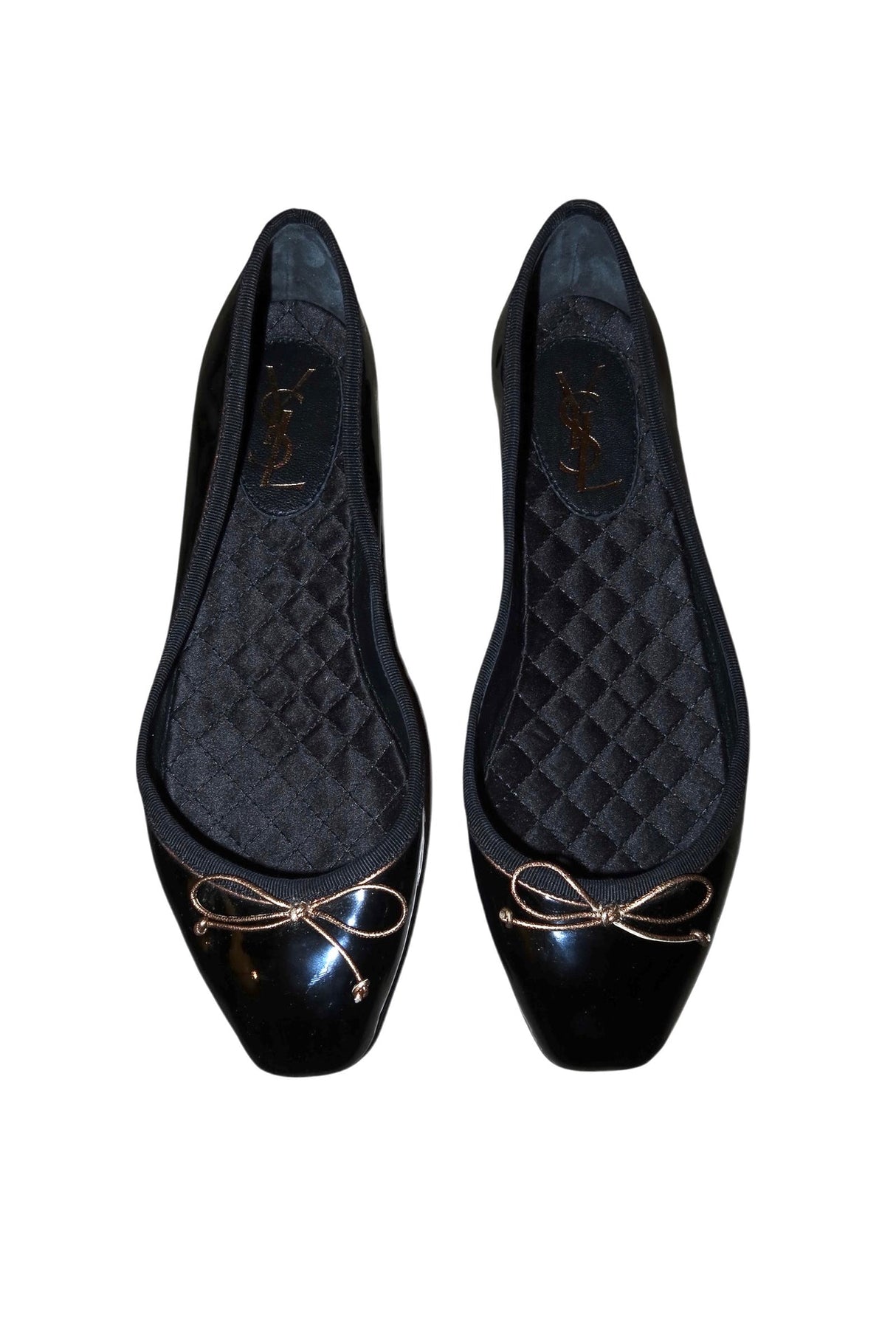 Yves Saint Laurent black patent leather ballerina flats with gold bows (36.5)