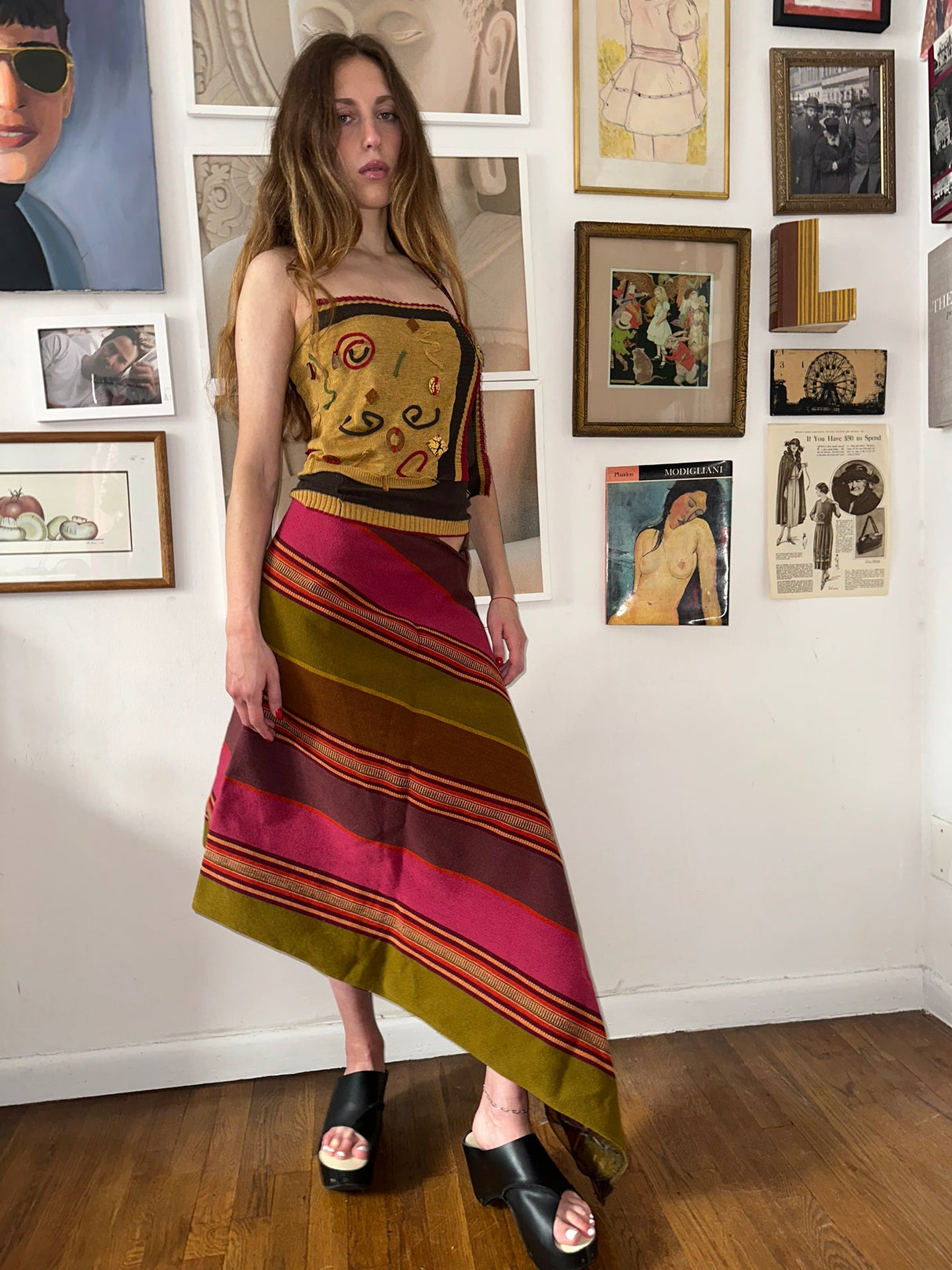 Vintage Wool Asymmetric Zip Midi Skirt