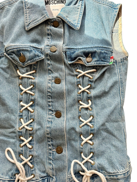 Moschino denim vest with white lace up details