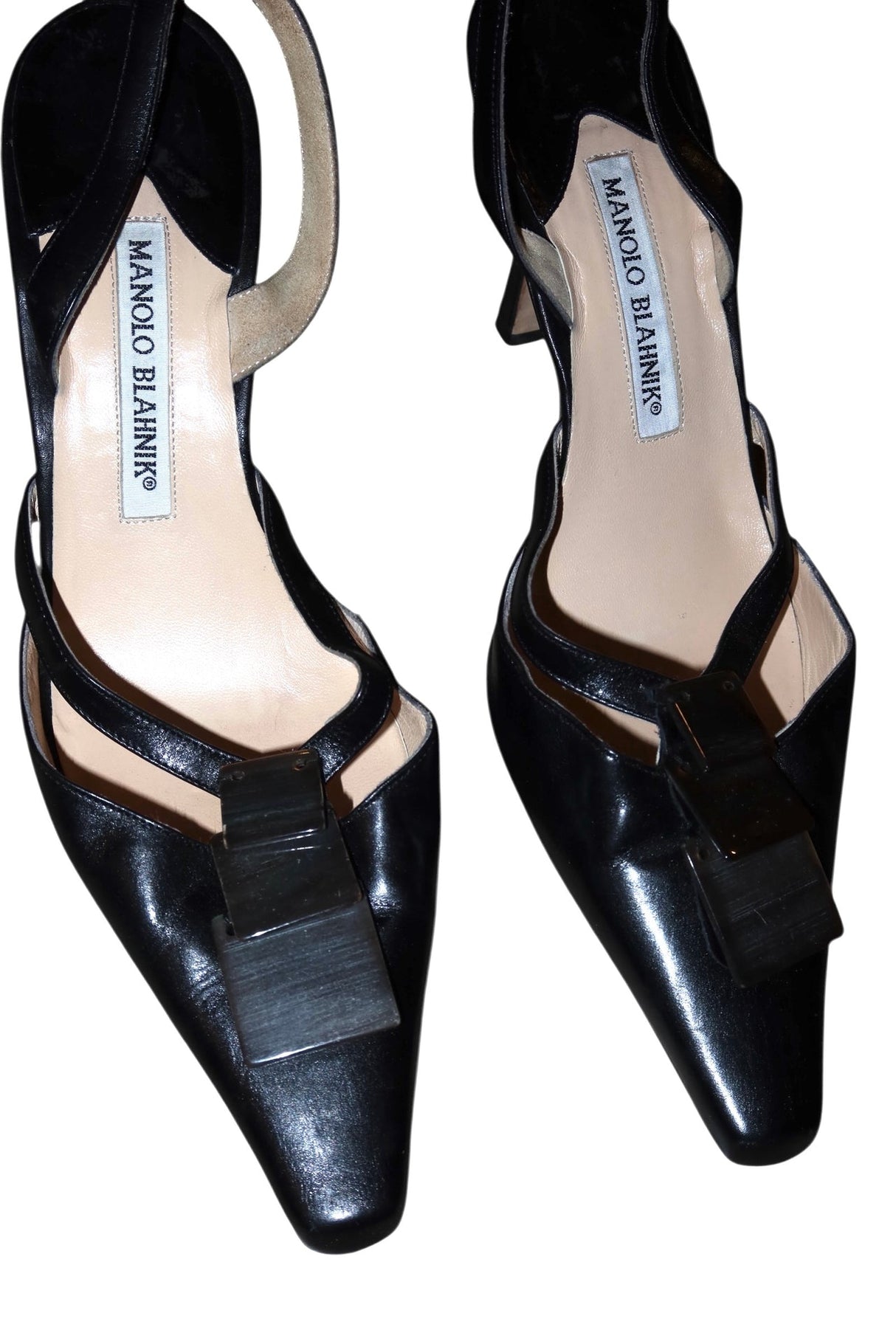 Manolo Blahnik black leather slingback heels with square shell details (36.5)