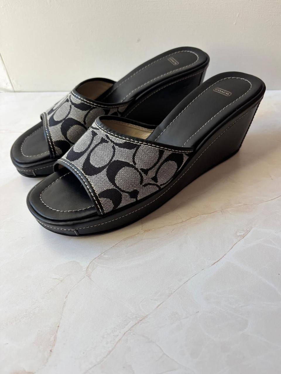 Coach US 10 Black Grey Monogram Canvas Wedge Slide Sandal