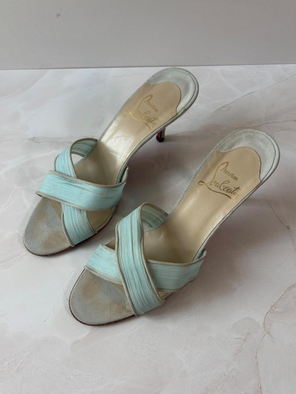 EU 36.5 Louboutin Light Blue Pleated Crisscross Mule Sandal