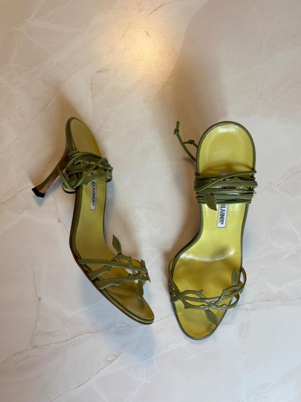 Manolo Blahnik EU 37 Forest Green Leather Strappy Sandal