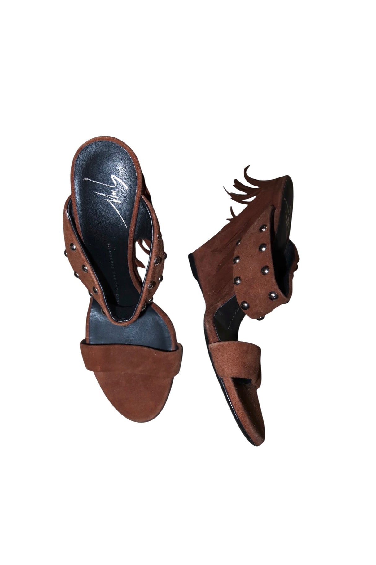 Giuseppe Zanotti brown suede heels with silver studs and fringes (35)