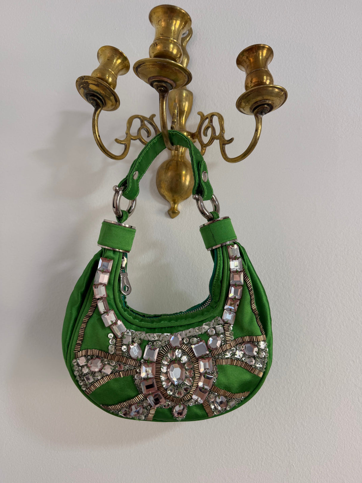 Rare Archival Chloé “Bracelet Bag” in Green Satin with hand stitched crystal beaded details
