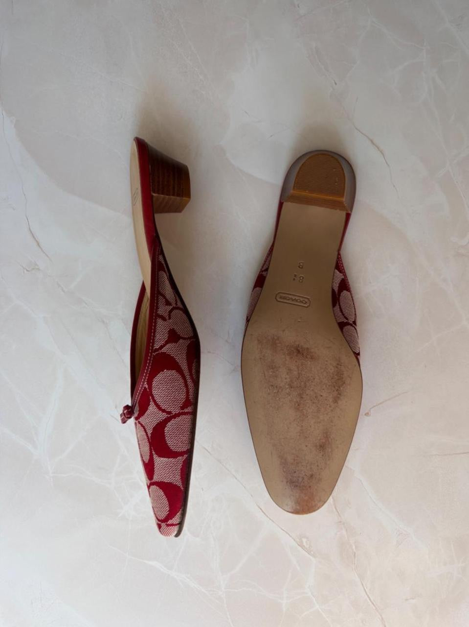 Coach US 8.5 Red and Cream Monogram Canvas Kitten Heel