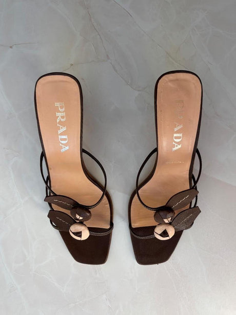 Prada EU 38.5 Chocolate Brown Leather Flower Kitten Heel Mule