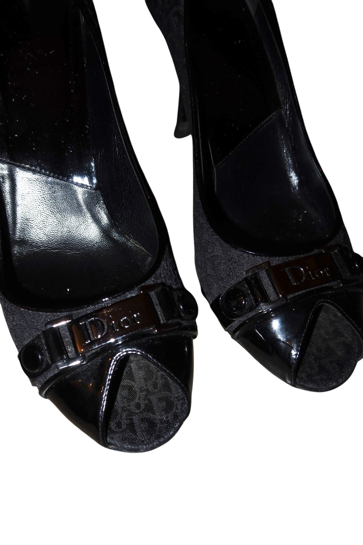 Dior black monogram peep toe heels with silver logo hardware (41)