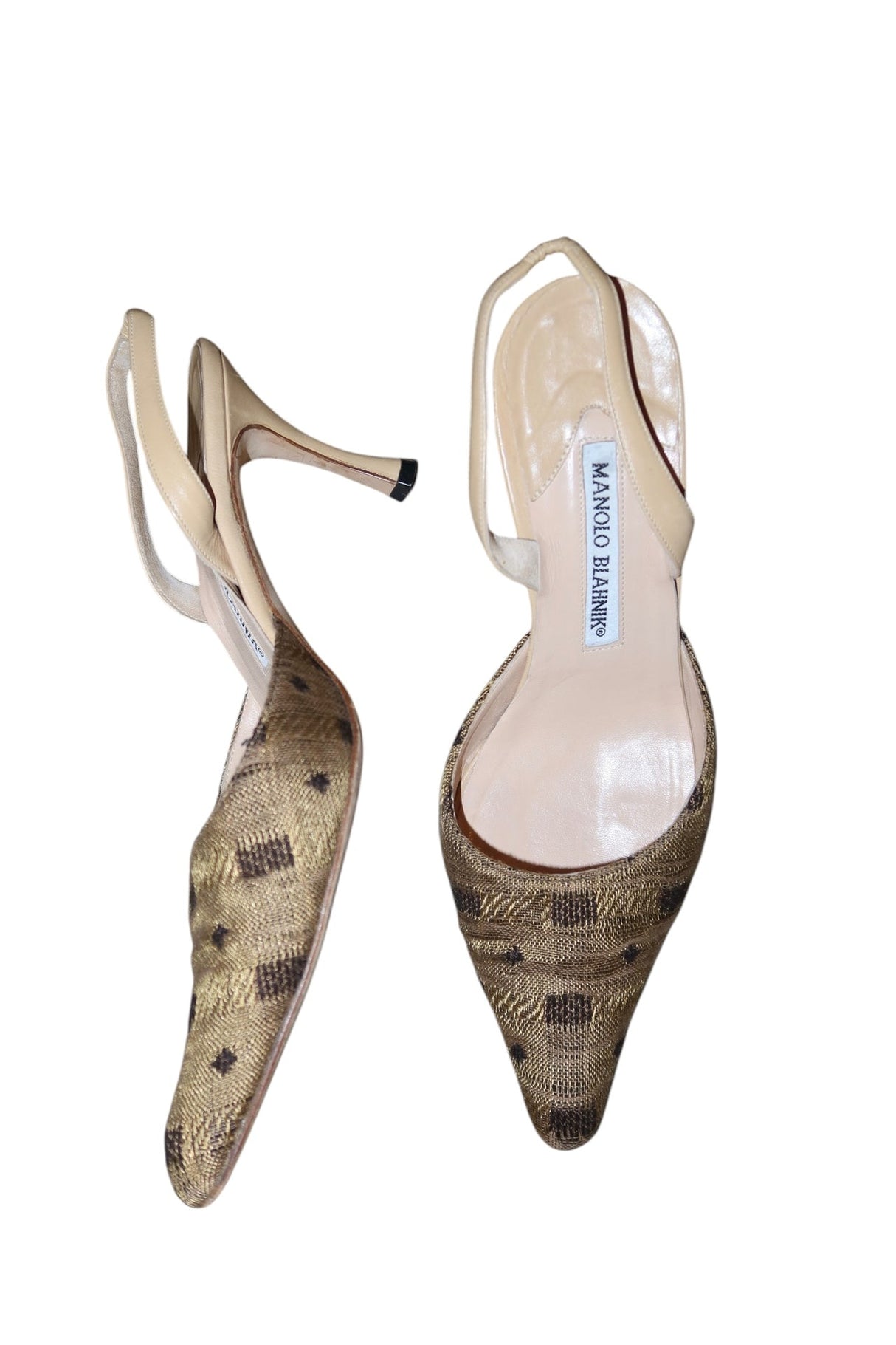 Manolo Blahnik beige/brown geometric slingback heels (36.5)