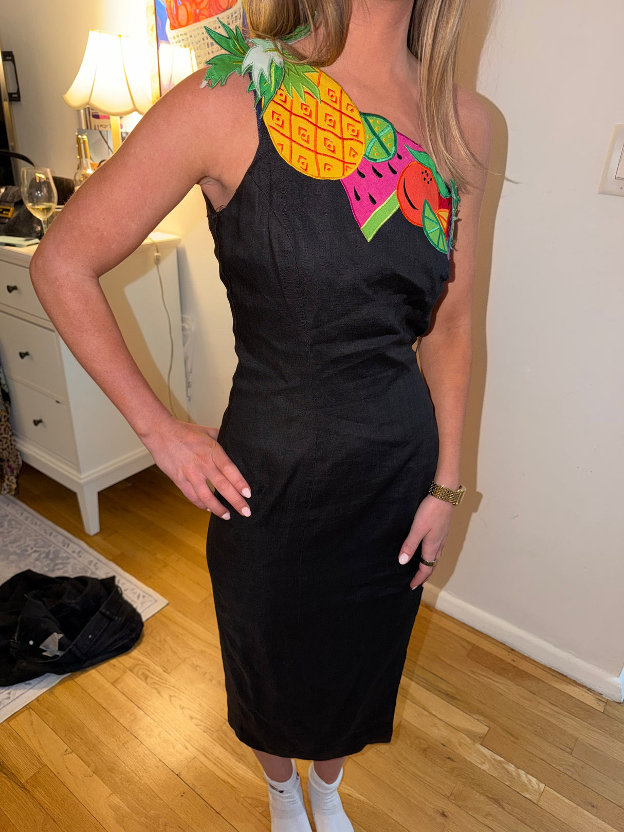100% Linen black fruit dress