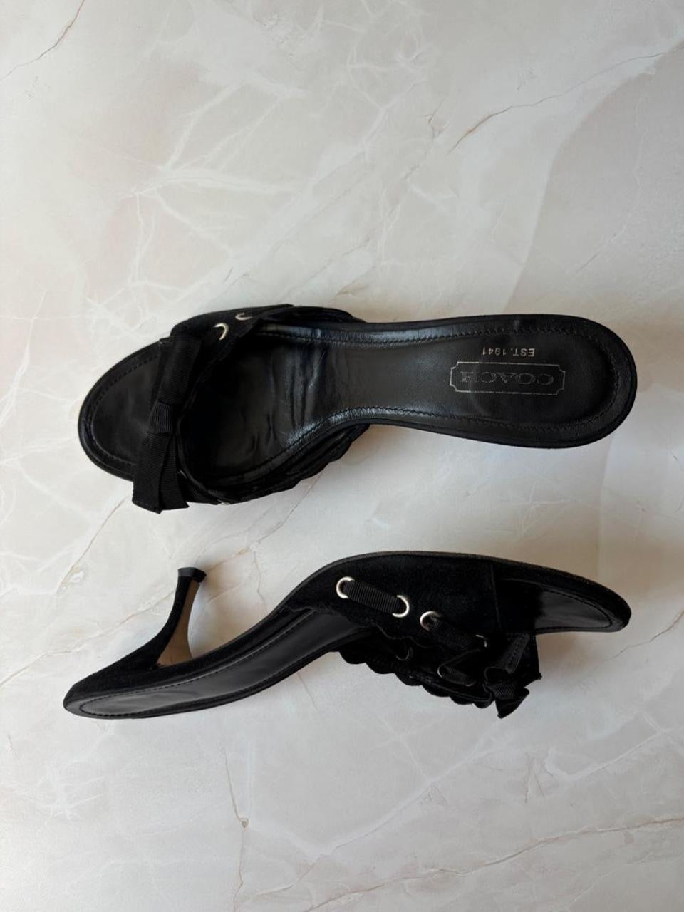 Coach US 9.5 Black Suede Open Toe Kitten Heel Mule