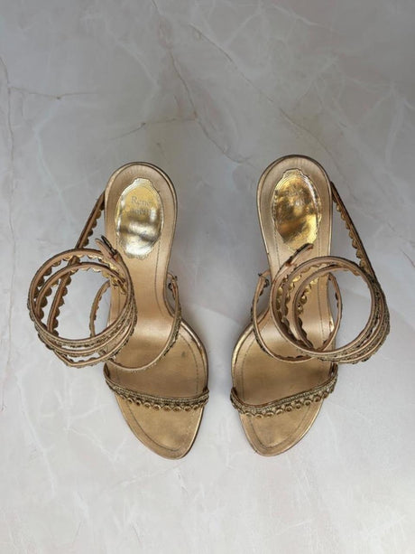 René Caovilla EU 39.5 Gold Satin Beaded Coil Ankle Wrap Stiletto Sandal