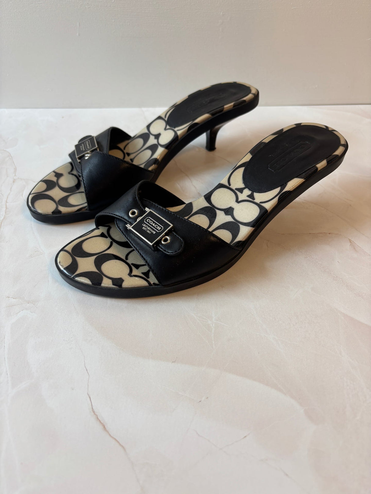 Coach US 9 Black Leather Monogram Canvas Footbed Slide Sandal