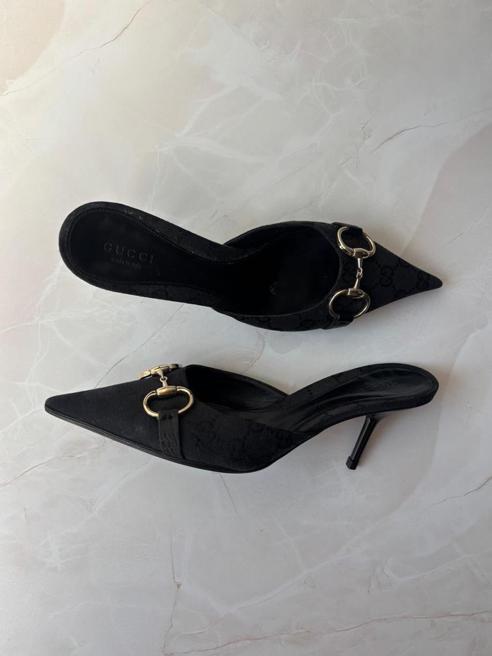 Gucci US 6 Black GG Monogram Canvas Pointed Toe Mule