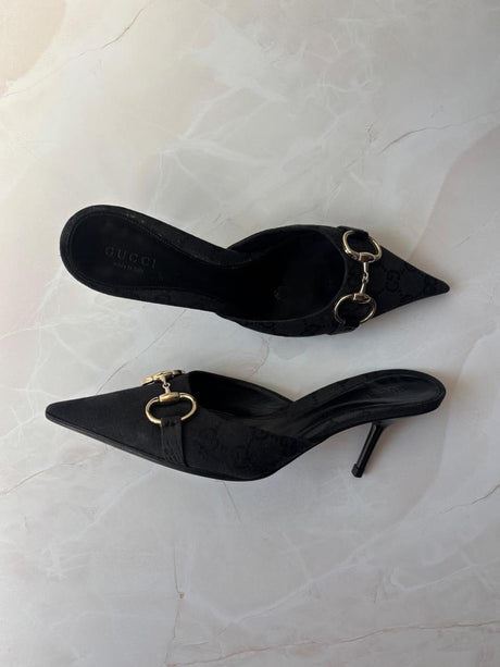 Gucci US 6 Black GG Monogram Canvas Pointed Toe Mule