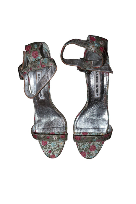 Manolo Blahnik floral print heels with crystal embellished buckle (39)