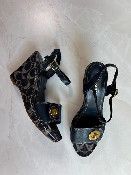 Coach US 8.5 Navy Monogram Canvas Ankle Strap Chunky Platform Wedge
