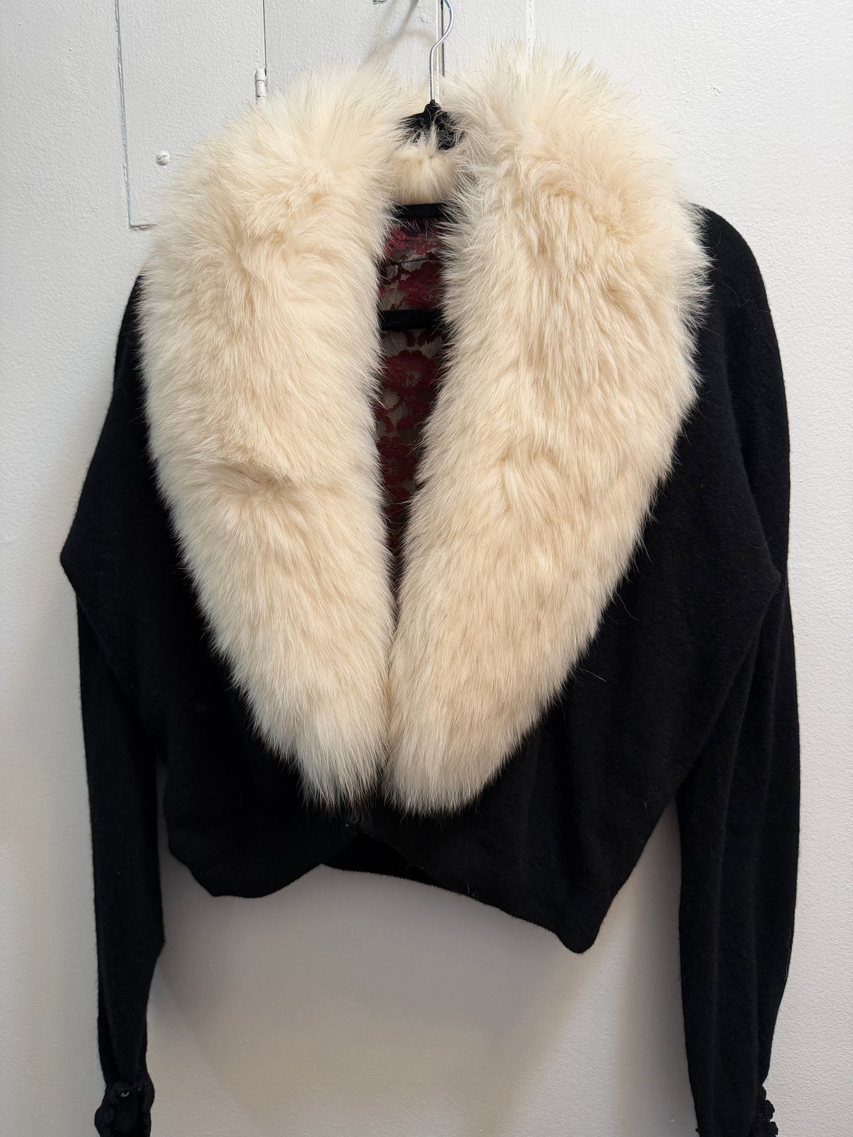 Vintage fox fur black sweater bolero with pearl details on sleeves