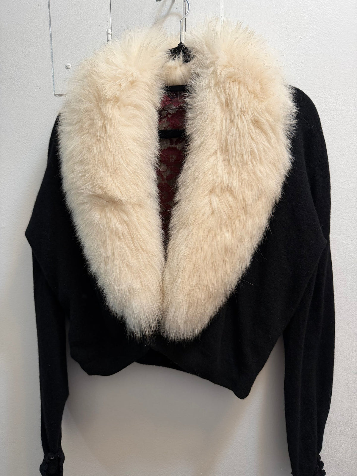 Vintage fox fur black sweater bolero with pearl details on sleeves