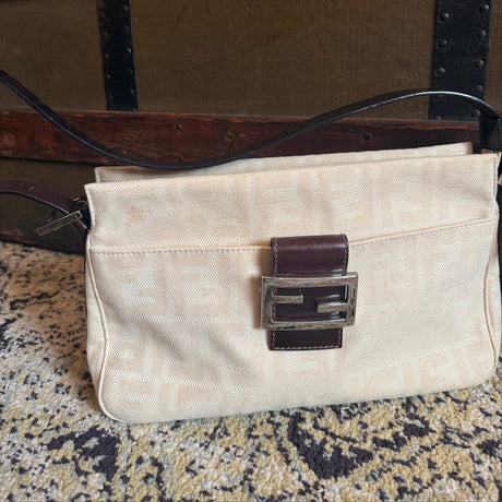 Fendi Authentic Cream Zucca Baguette Style Shoulder Bag y2k 00s