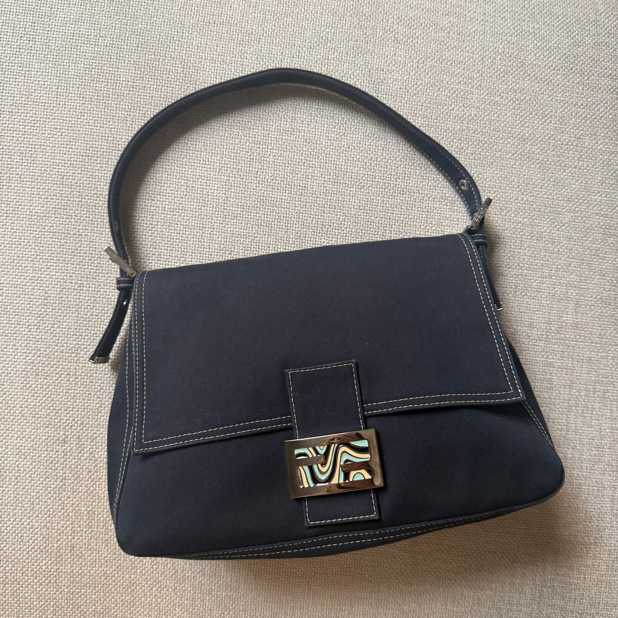 Fendi Mama Baguette Denim Canvas Enamel Swirl Vintage 2000s Y2k Authentic