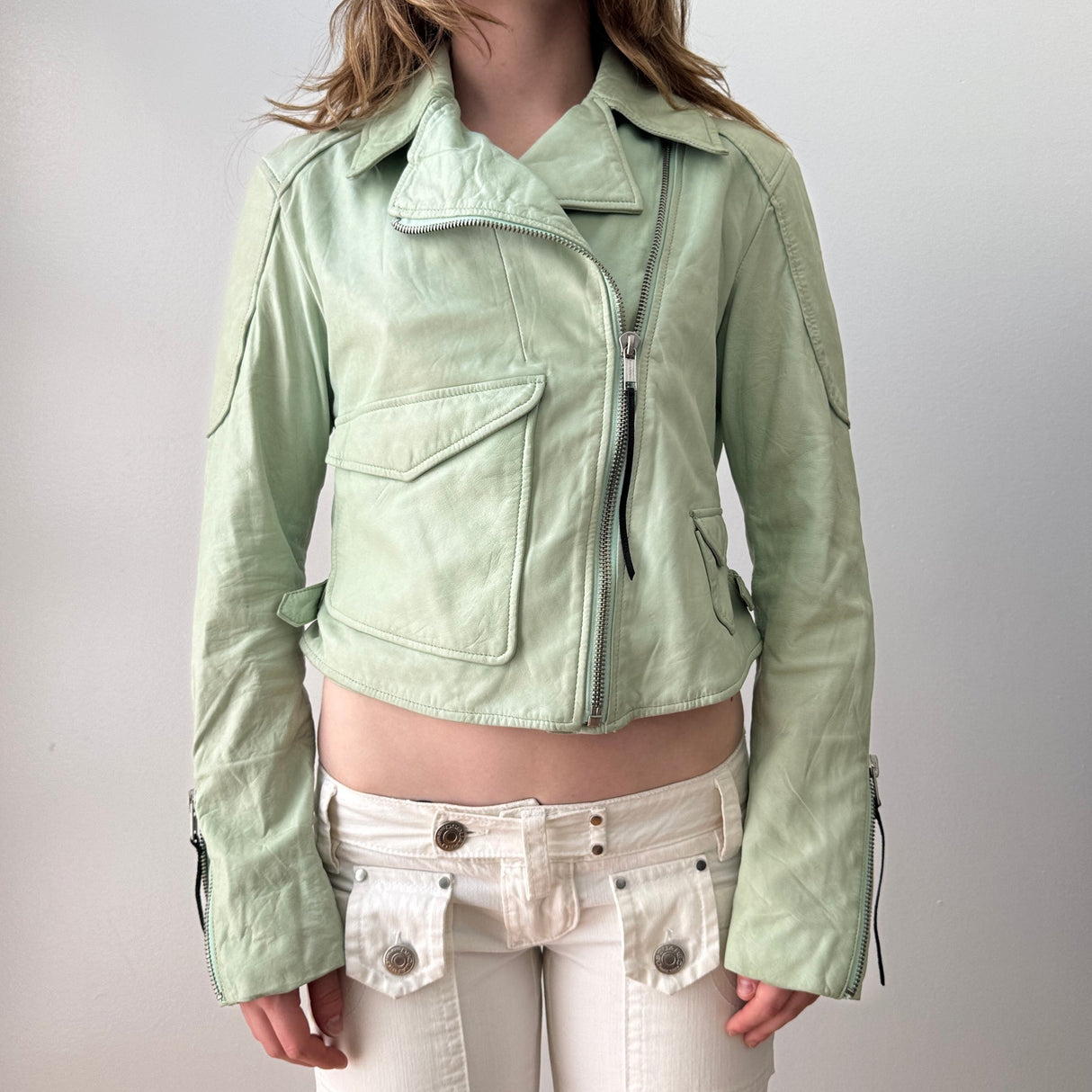 Diesel Mint Green Leather Moto Jacket