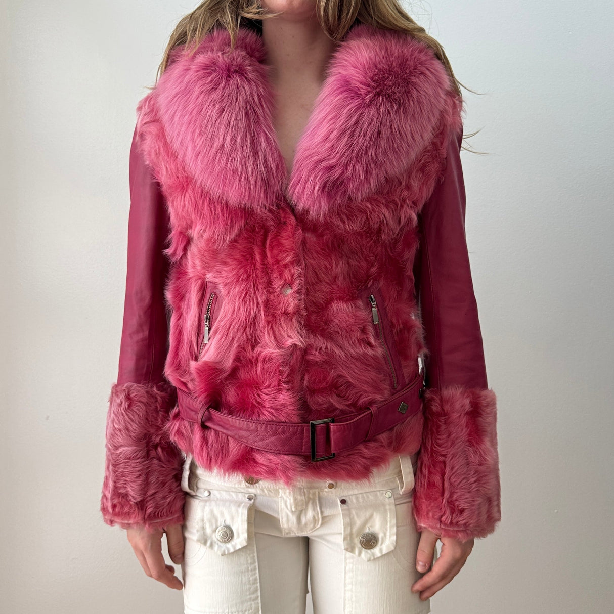 Hot Pink Fox Fur Trim Leather Moto Jacket