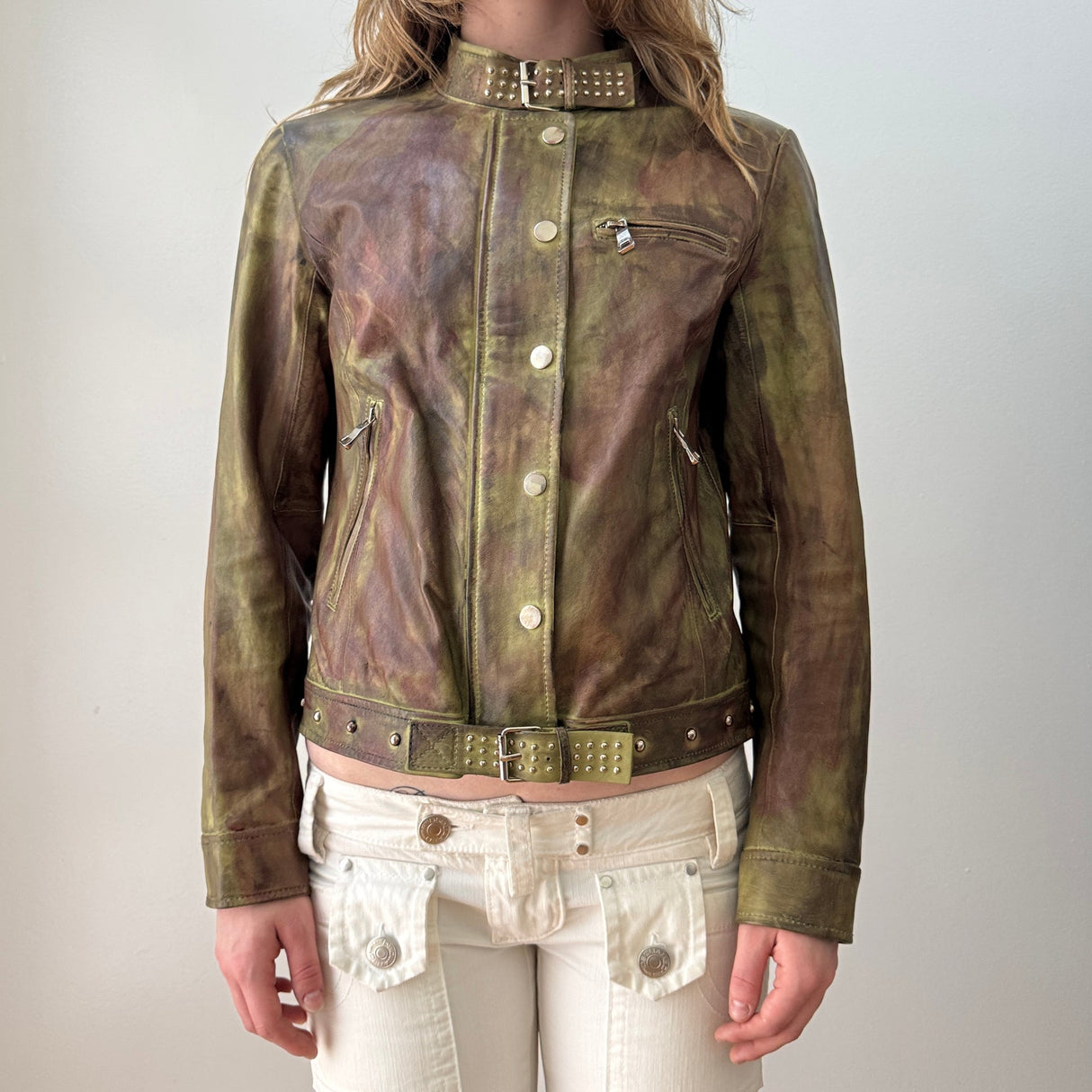 Olive Green Burgundy Patinaed Studded Leather Moto Jacket