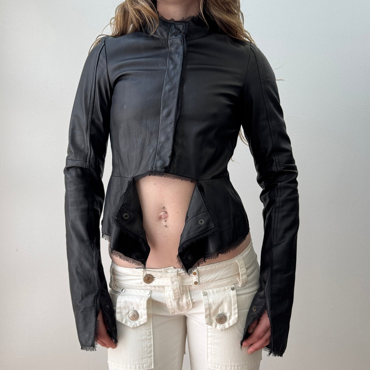 Black Leather Mesh Trim Moto Jacket