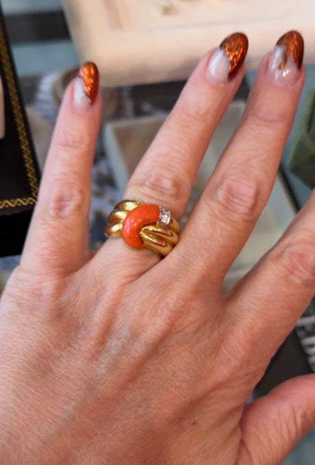 Signed Leo Pizzo 18K Gold, Coral and Diamond Cocktail Ring