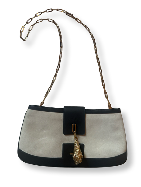 Gucci Vintage runway shoulder bag grey suede with tiger head charm black leather authentic Tom Ford era Gucci