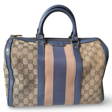 Gucci Web Boston Bag Medium Satchel authentic gg Canvas with blue & pink detail