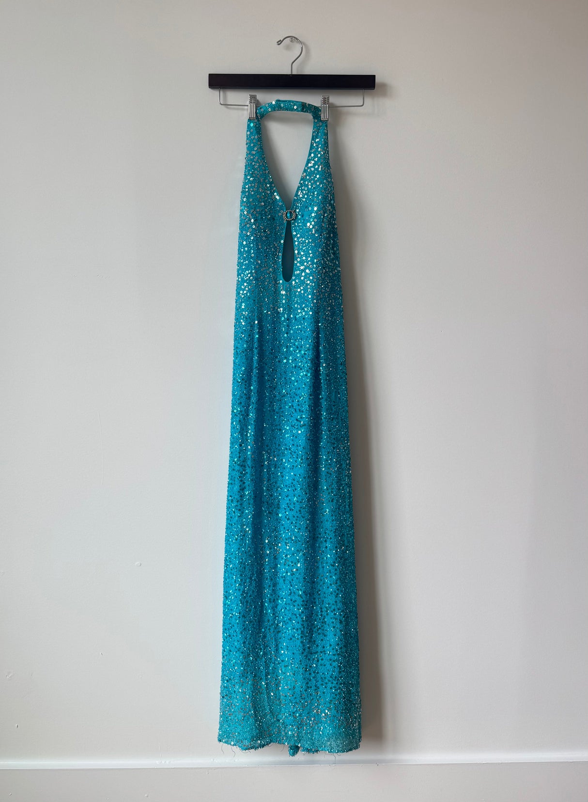 Blue sequin beaded halter gown