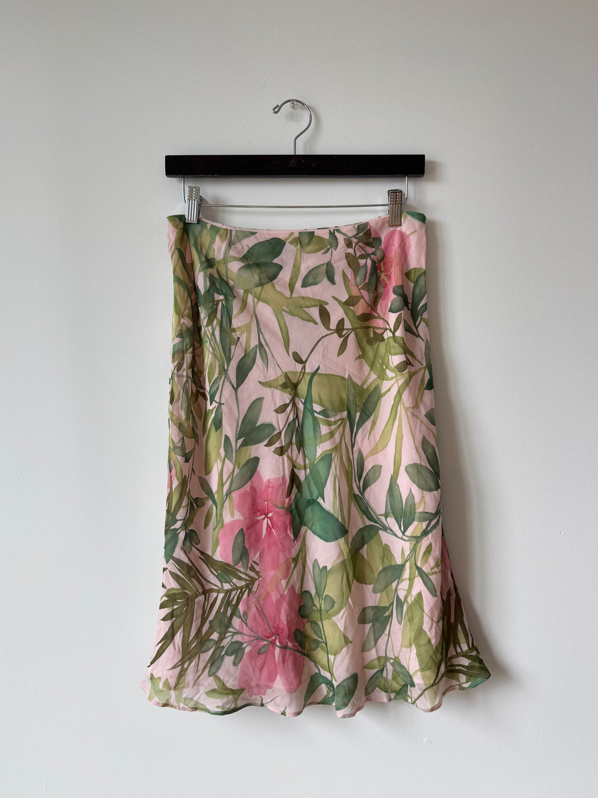 Green & pink floral silk midi skirt