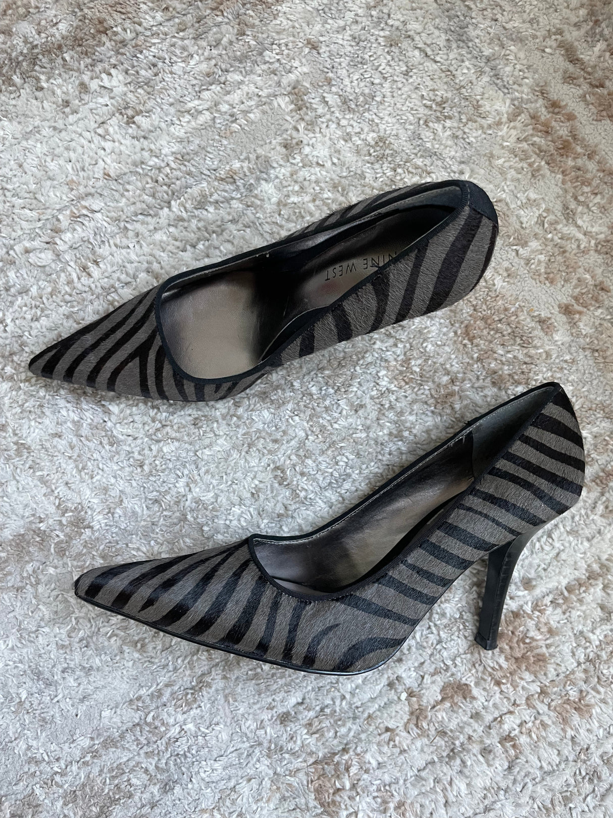 Black/grey zebra pony hair heels