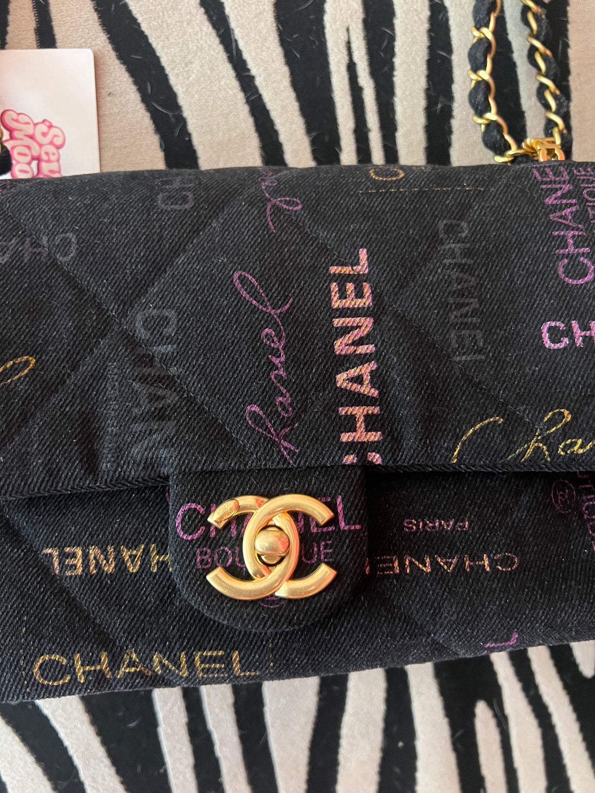 Chanel Black Denim Logo Print Quilted Flap Shoulder Bag Gold CC