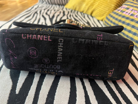 Chanel Black Denim Logo Print Quilted Flap Shoulder Bag Gold CC