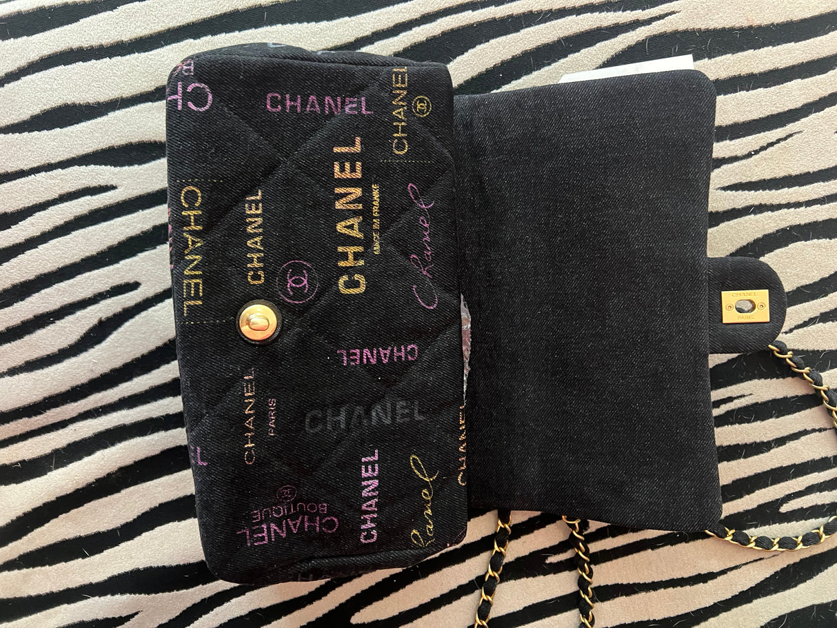Chanel Black Denim Logo Print Quilted Flap Shoulder Bag Gold CC