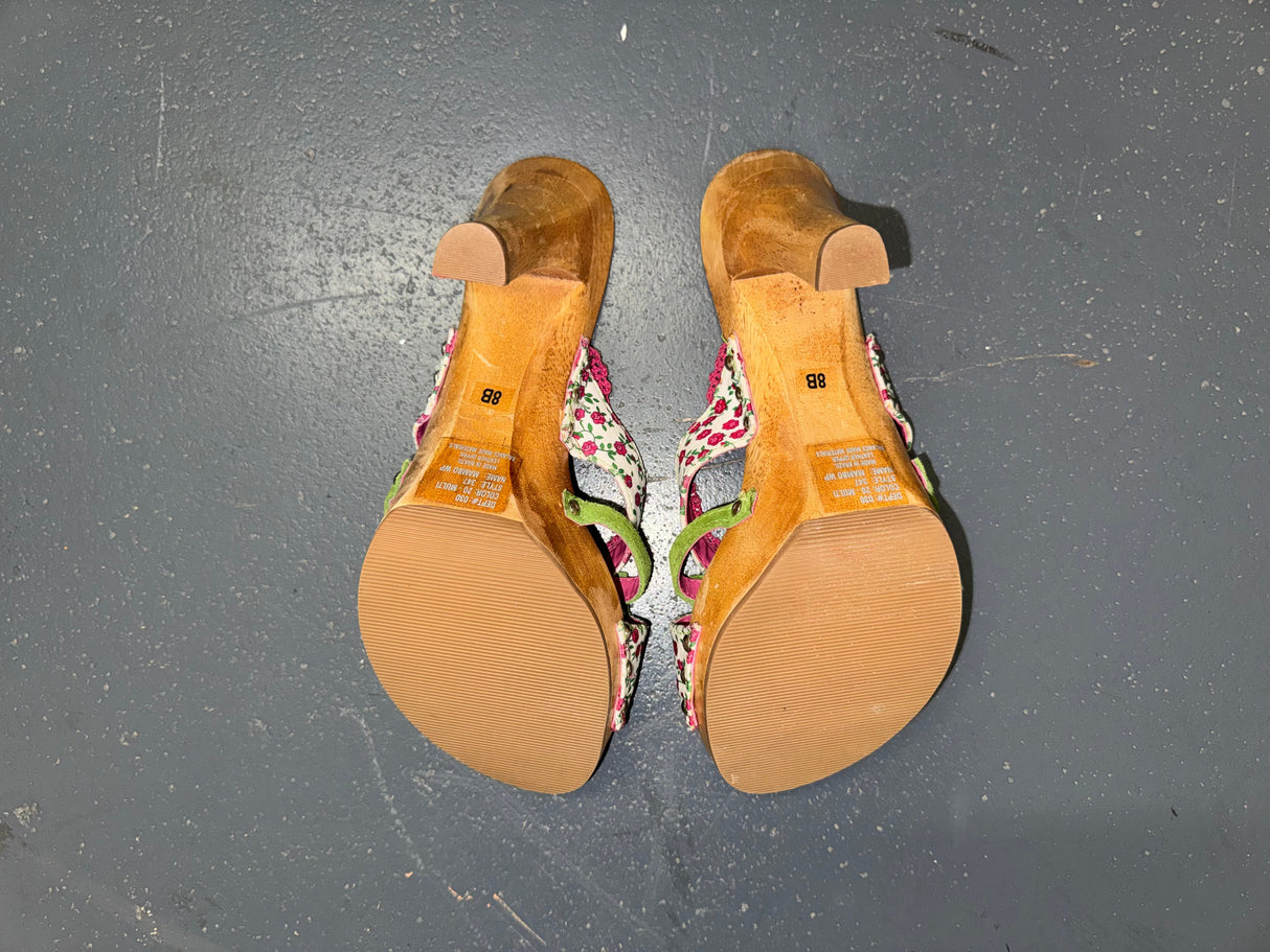 White Floral and Wooden Heels US 8