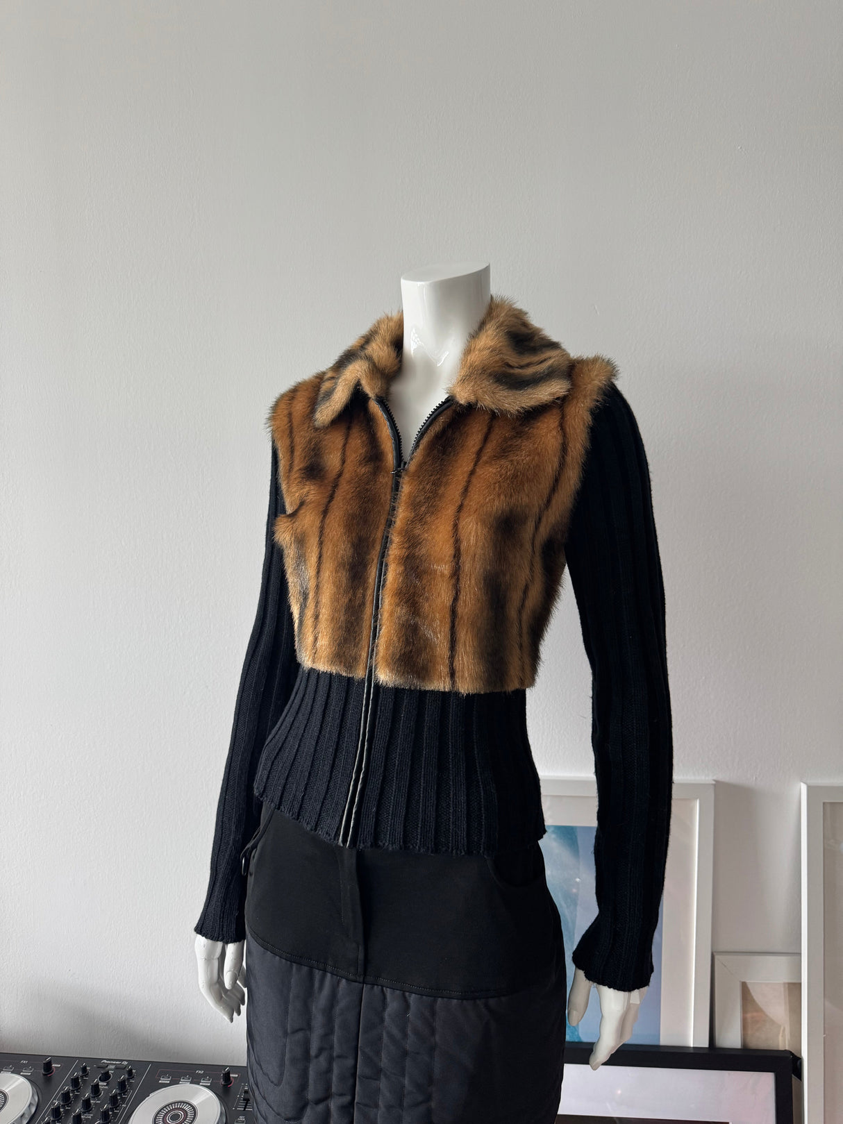 Black and Faux Fur Zip Up Sweater