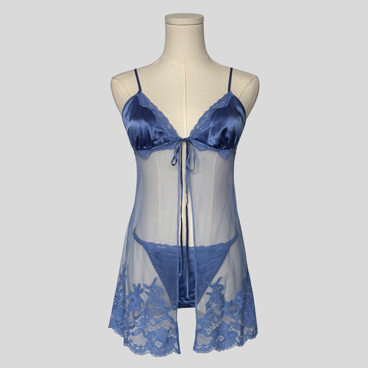 Sheer lace trim split front babydoll dress with matching panties in blue