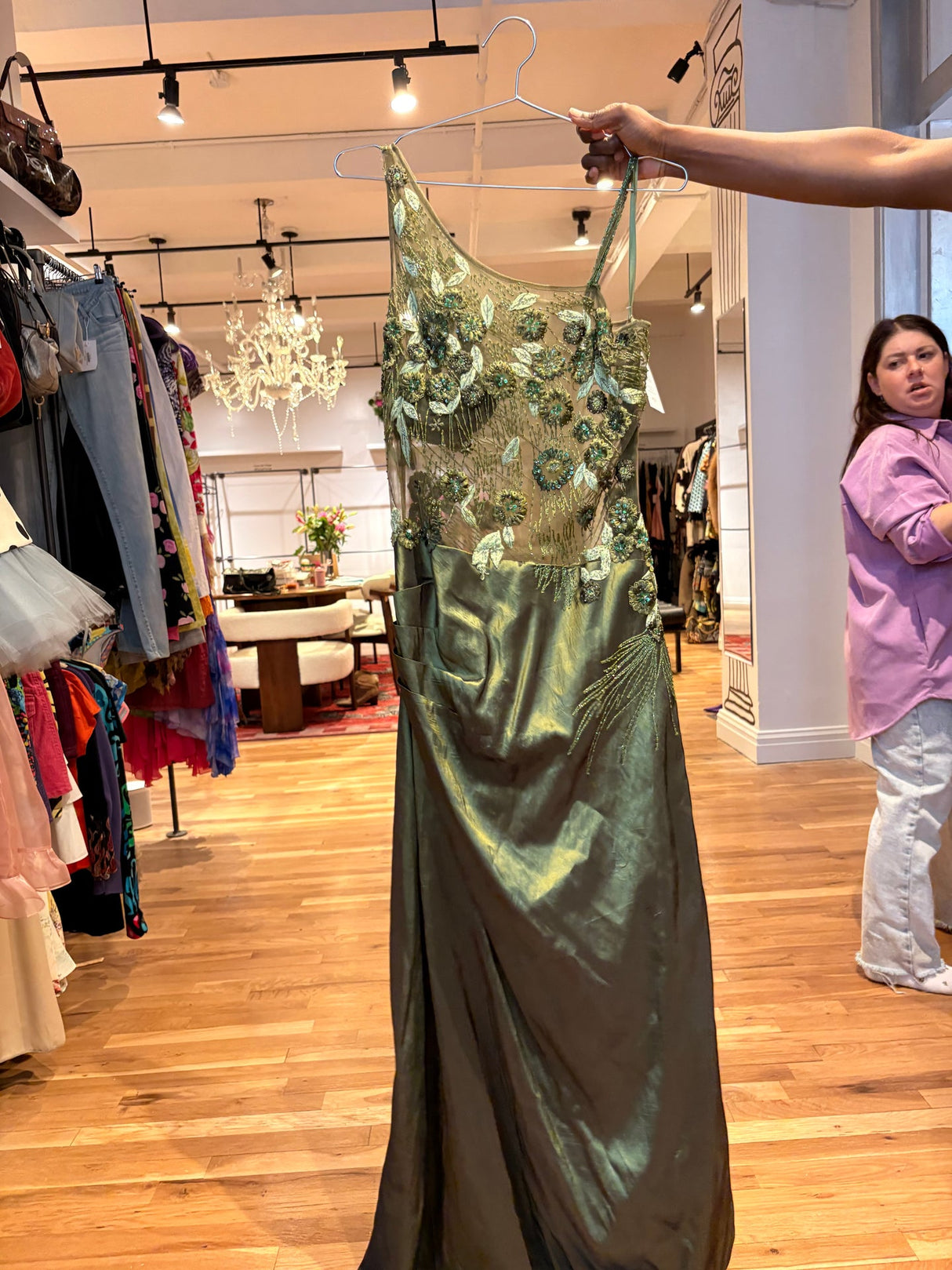 green sequence beaded gown
