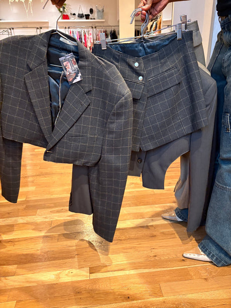 paid crop blazer and skirt two-piece