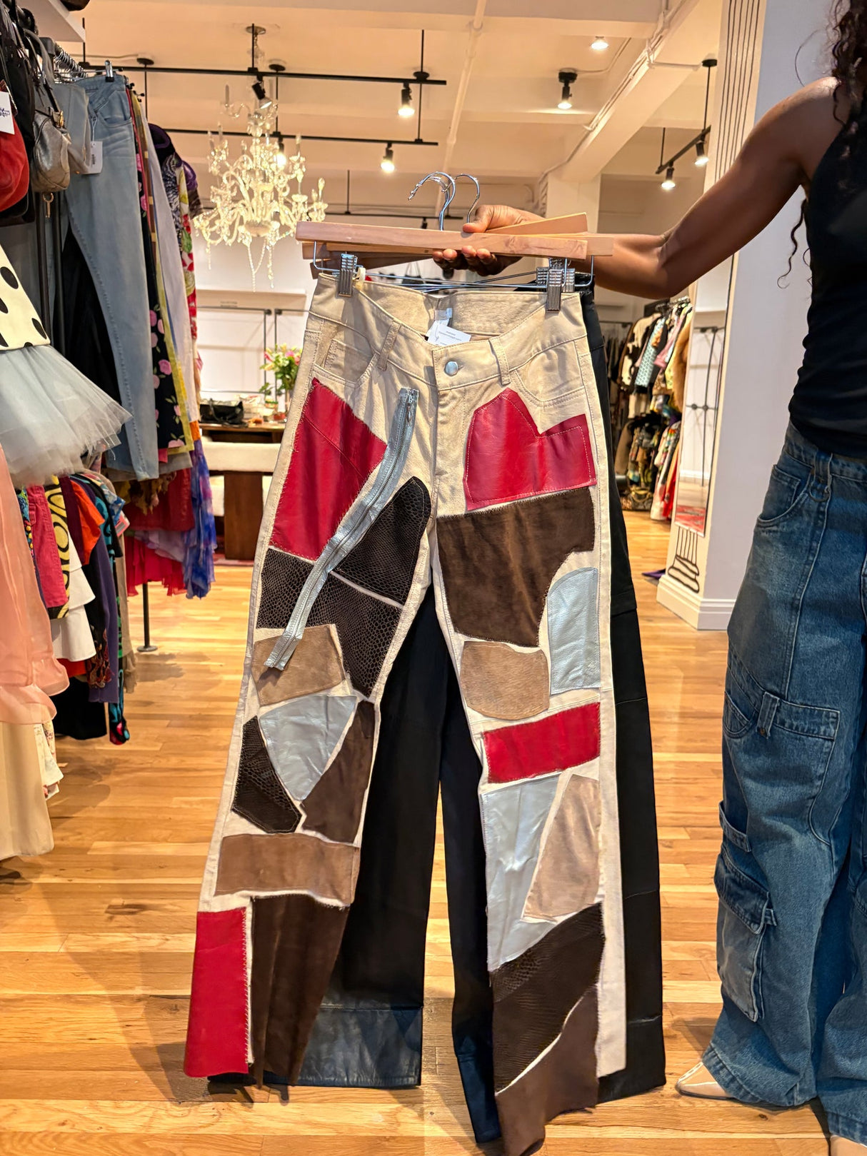multi patch work suede pants