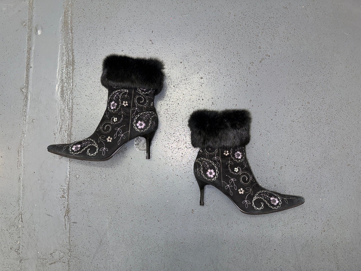 Black Floral Ankle Boots with Fur Trim US 8