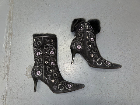 Black Floral Ankle Boots with Fur Trim US 8