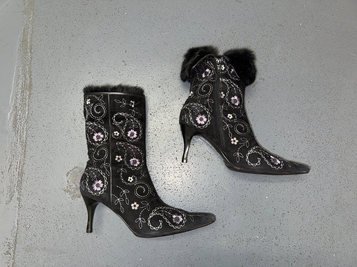 Black Floral Ankle Boots with Fur Trim US 8
