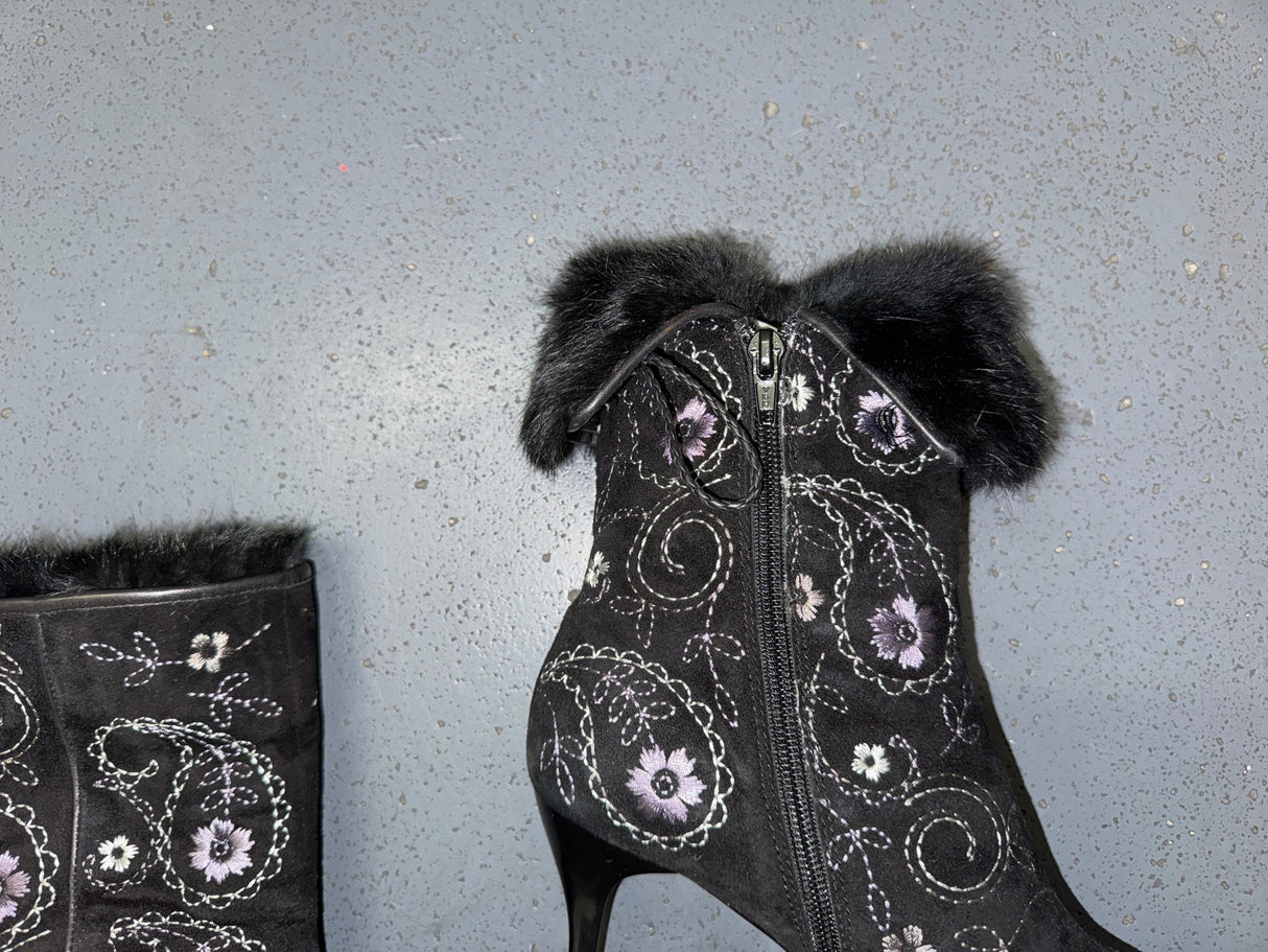 Black Floral Ankle Boots with Fur Trim US 8